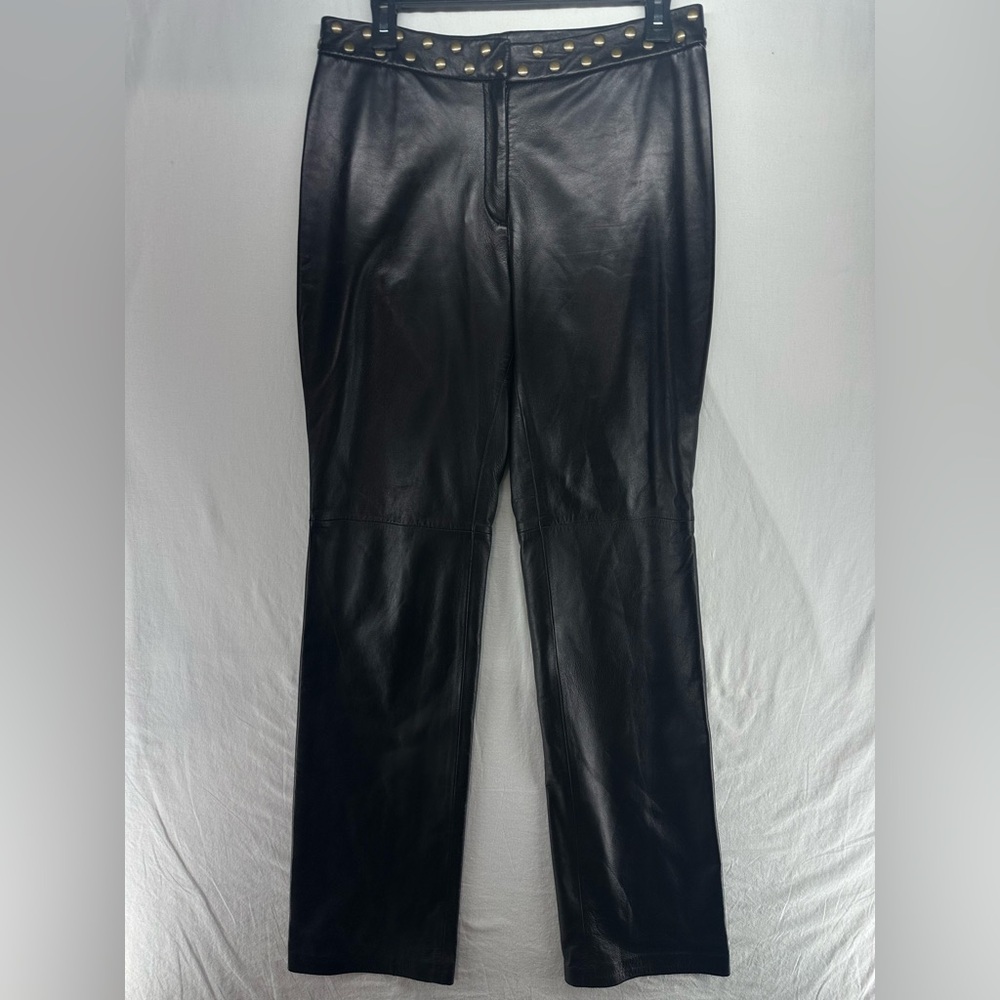 Doncaster Collection Black Leather‎ Pants Studded Waistband Straight Leg Size 6